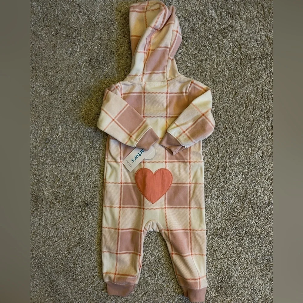 🆕 Carter’s | One Piece Hoodie Body Suit Extra Soft Pink Plaid | baby girl 9 Mo